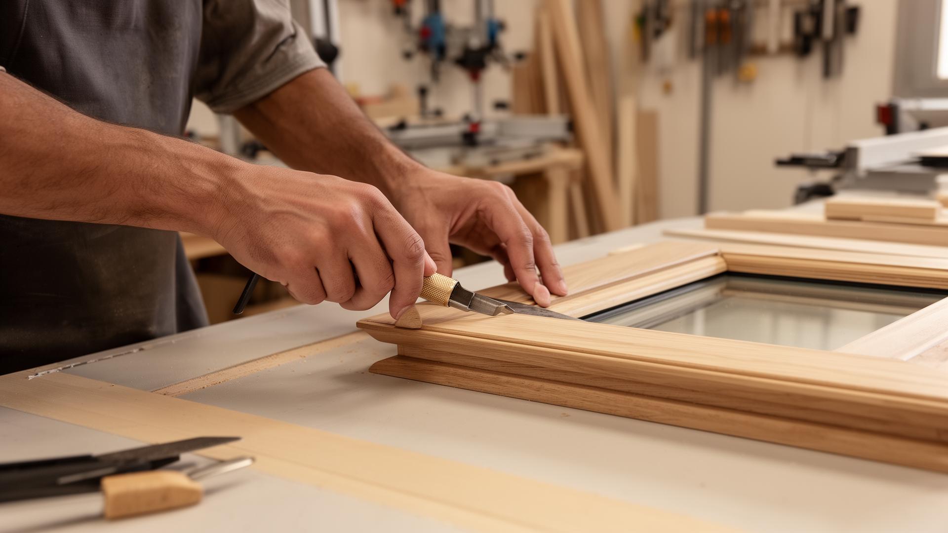 Handwerker bei der Bearbeitung eines Holzfensterrahmens