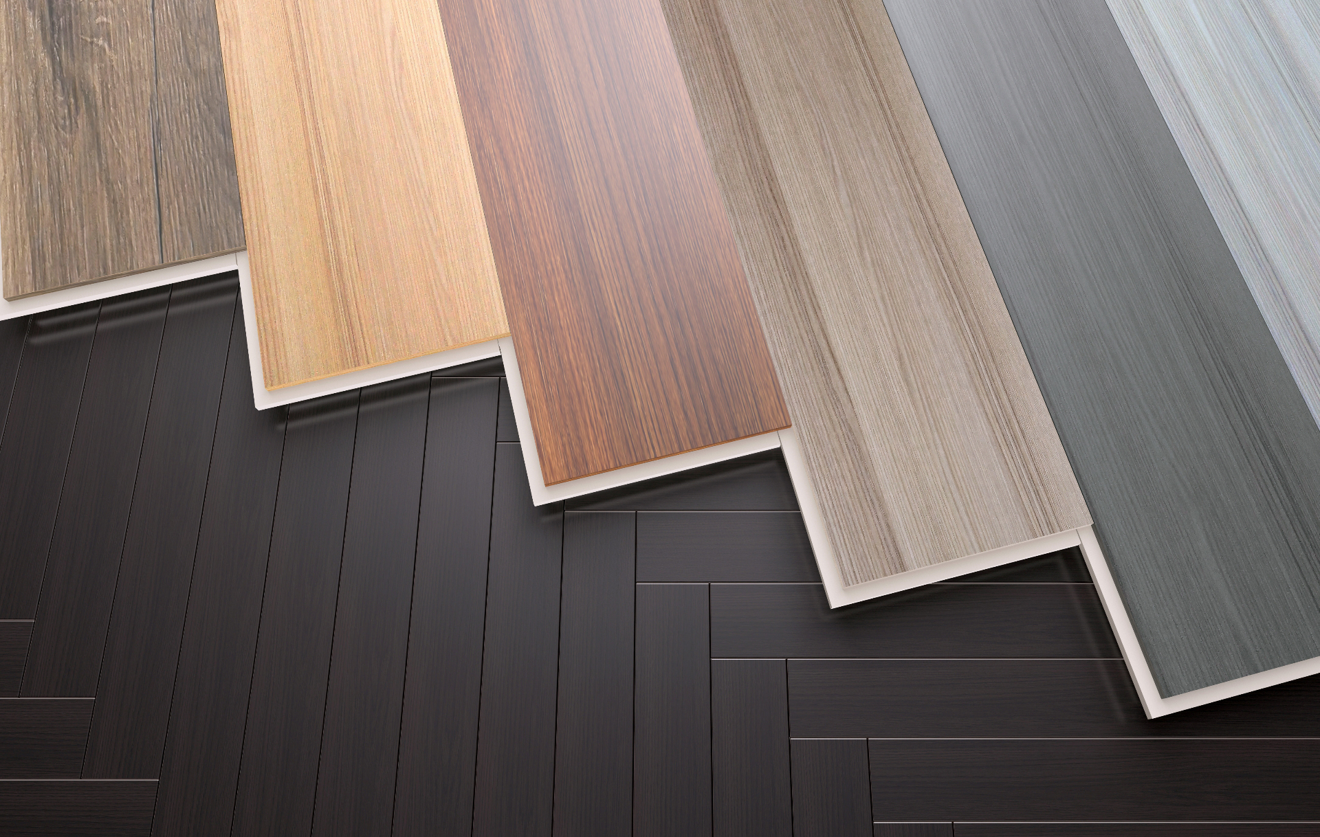 Auswahl verschiedener Bodenbelag-Muster in Holz- und Grautönen