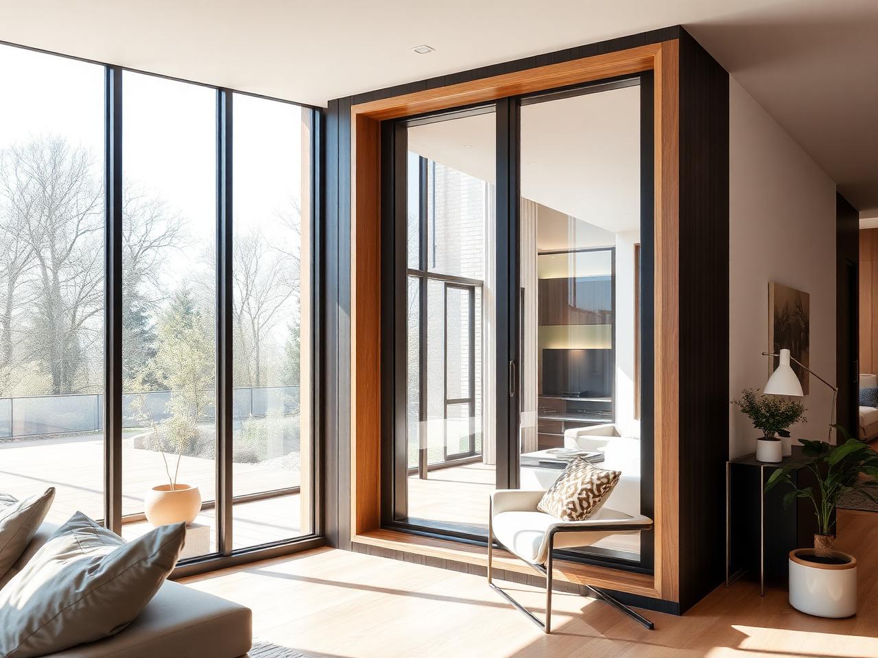 Modernes Holz-Alu-Fenster mit anthrazitfarbenem Aluminium außen und Eiche innen