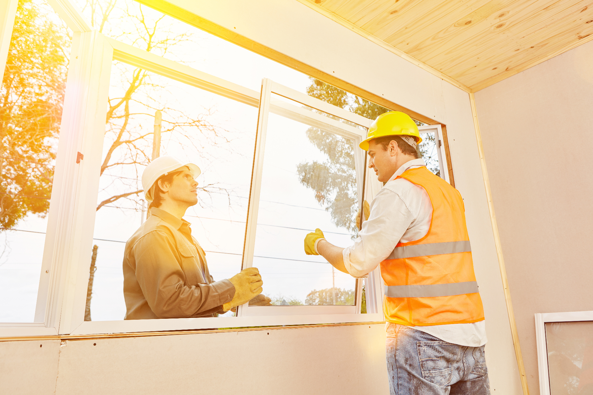 Zwei Monteure beim fachgerechten Einbau eines Fensters