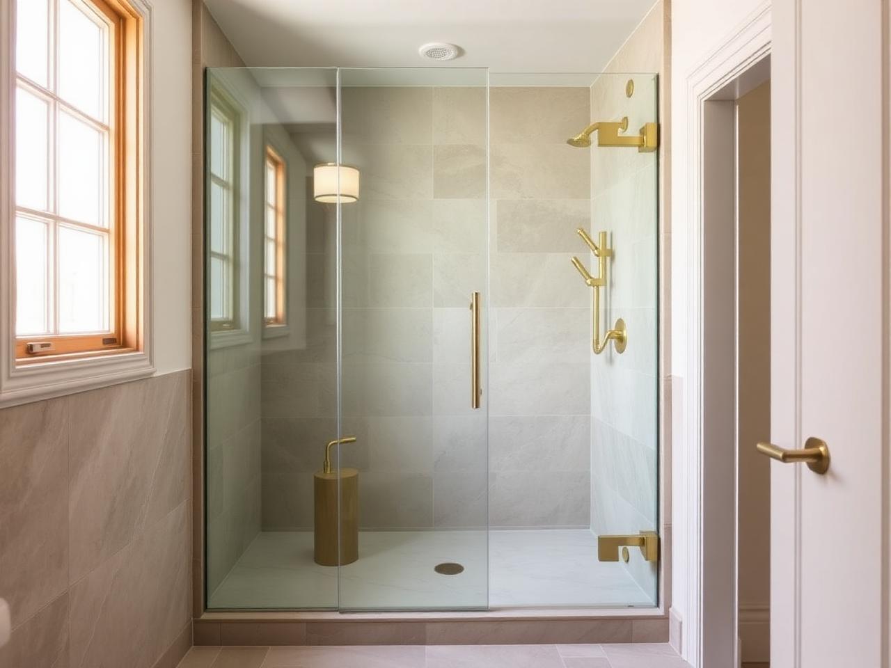 Elegante Walk-In Dusche mit rahmenloser Glasabtrennung und Messing-Armaturen