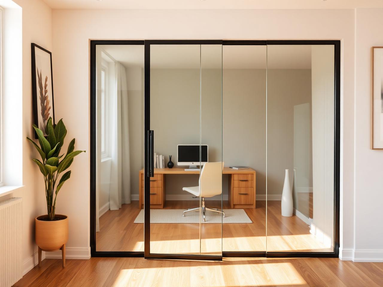 Rahmenlose Ganzglastür in einem hellen modernen Arbeitszimmer