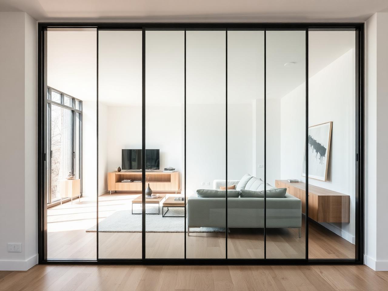 Moderne Glaswand mit schmalem schwarzem Rahmen als Raumtrenner