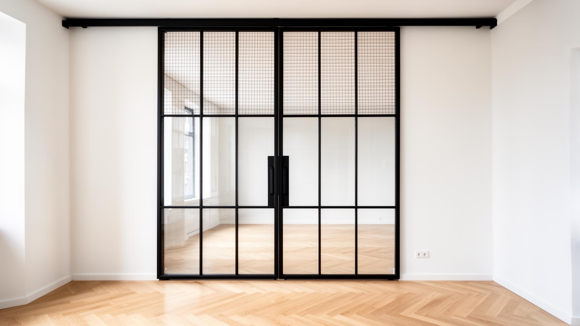 Lofttür mit schwarzem Stahlrahmen und Glasfüllung